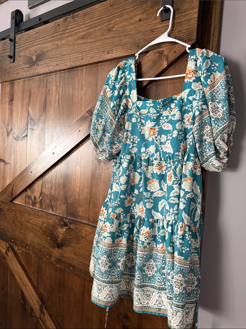 Teal Floral Puff-Sleeve Tiered Mini Dress
